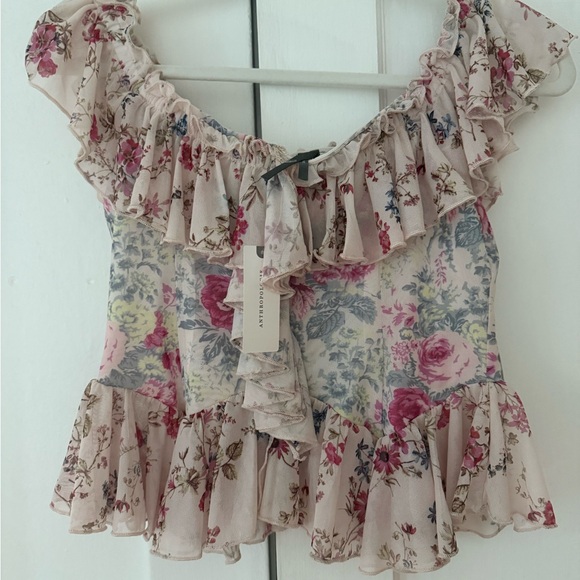 Anthropologie Floral Ruffle Blouse in Pink and ivory - Picture 3 of 5
